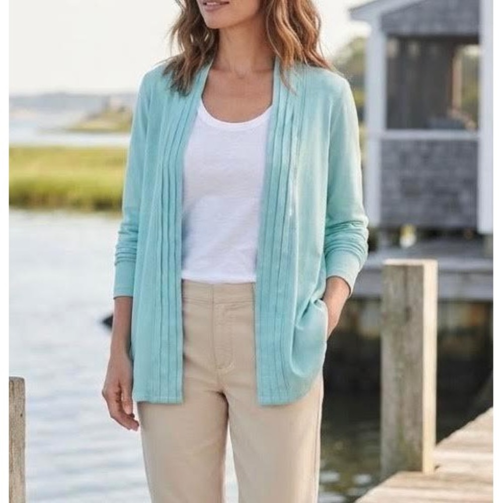 LL Bean Womens Light Blue 100% Supima Cotton Pintuck Open Cardigan Size M 292539